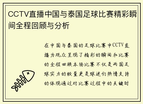 CCTV直播中国与泰国足球比赛精彩瞬间全程回顾与分析